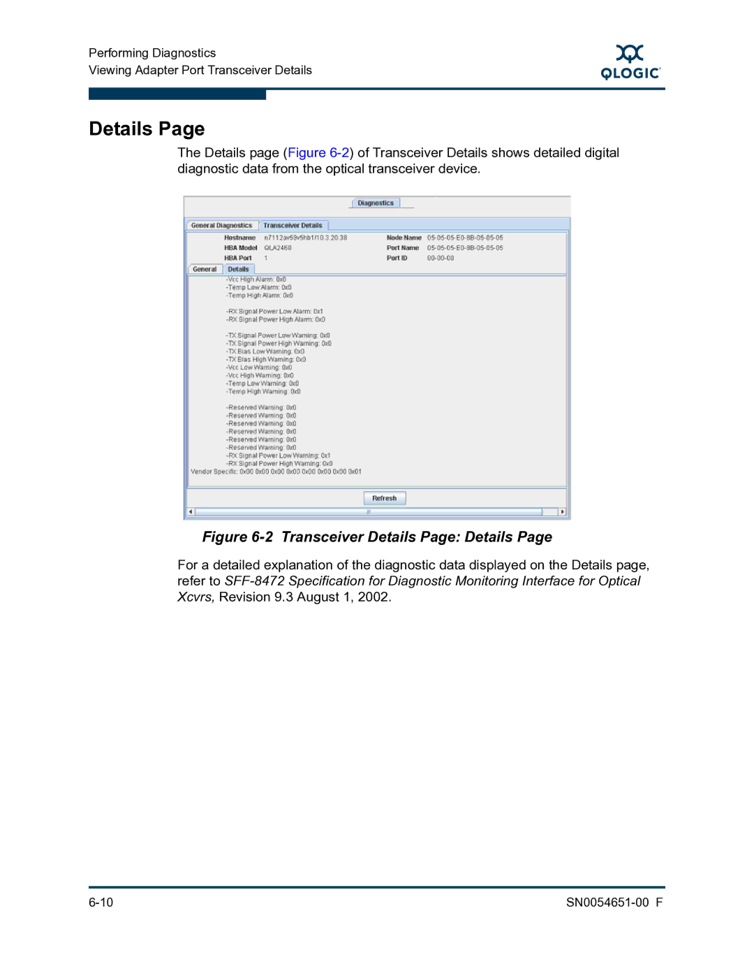 Q-Logic SN0054651-00 F manual Transceiver Details Page Details 