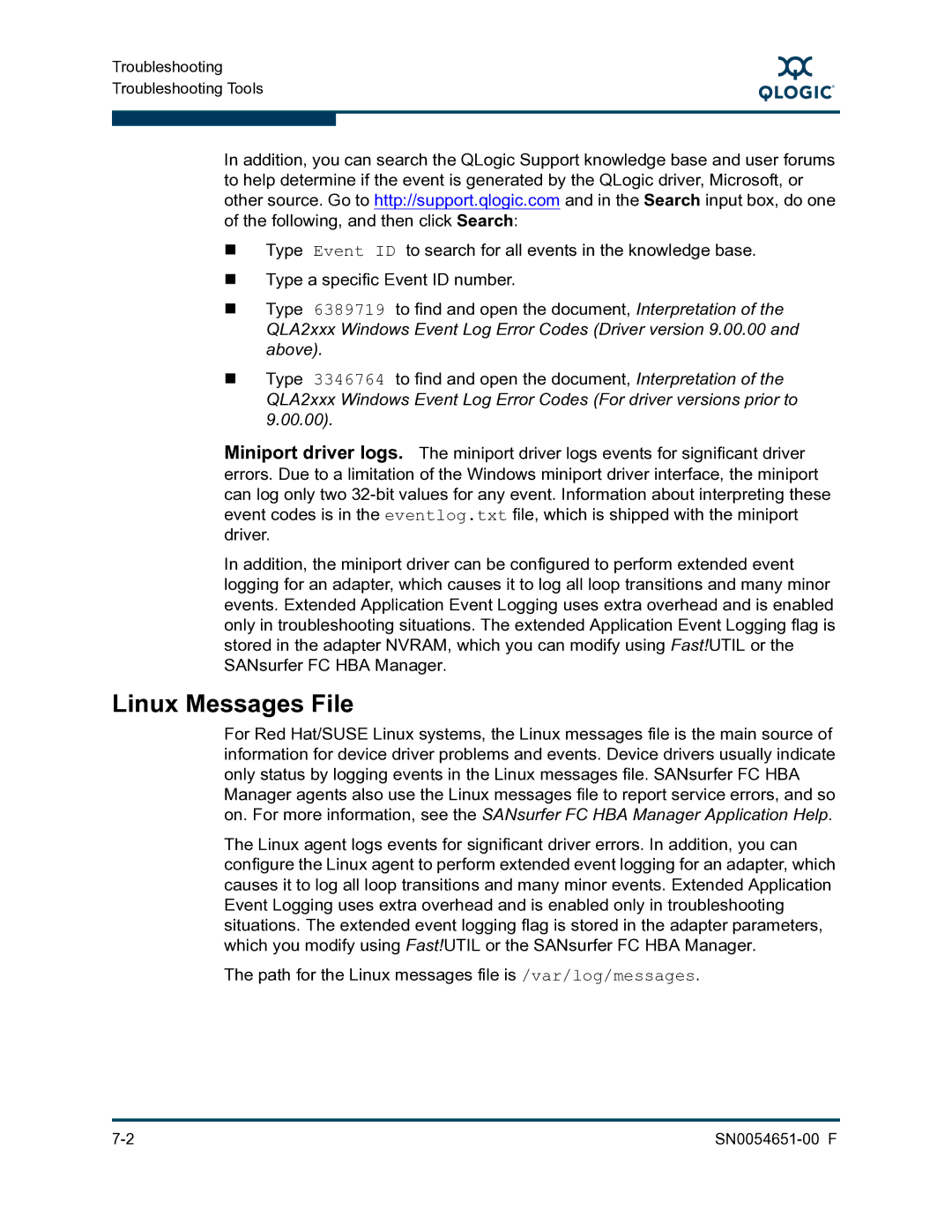 Q-Logic SN0054651-00 F manual Linux Messages File 
