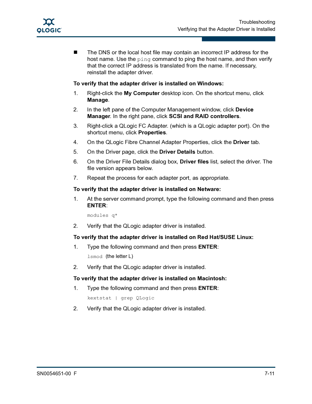 Q-Logic SN0054651-00 F manual To verify that the adapter driver is installed on Windows 