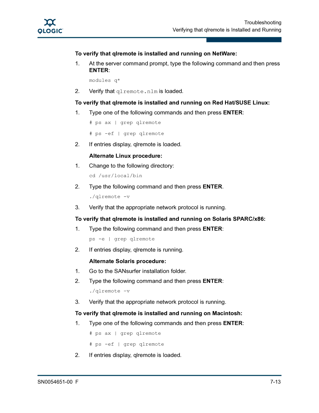 Q-Logic SN0054651-00 F manual To verify that qlremote is installed and running on NetWare, Alternate Linux procedure 