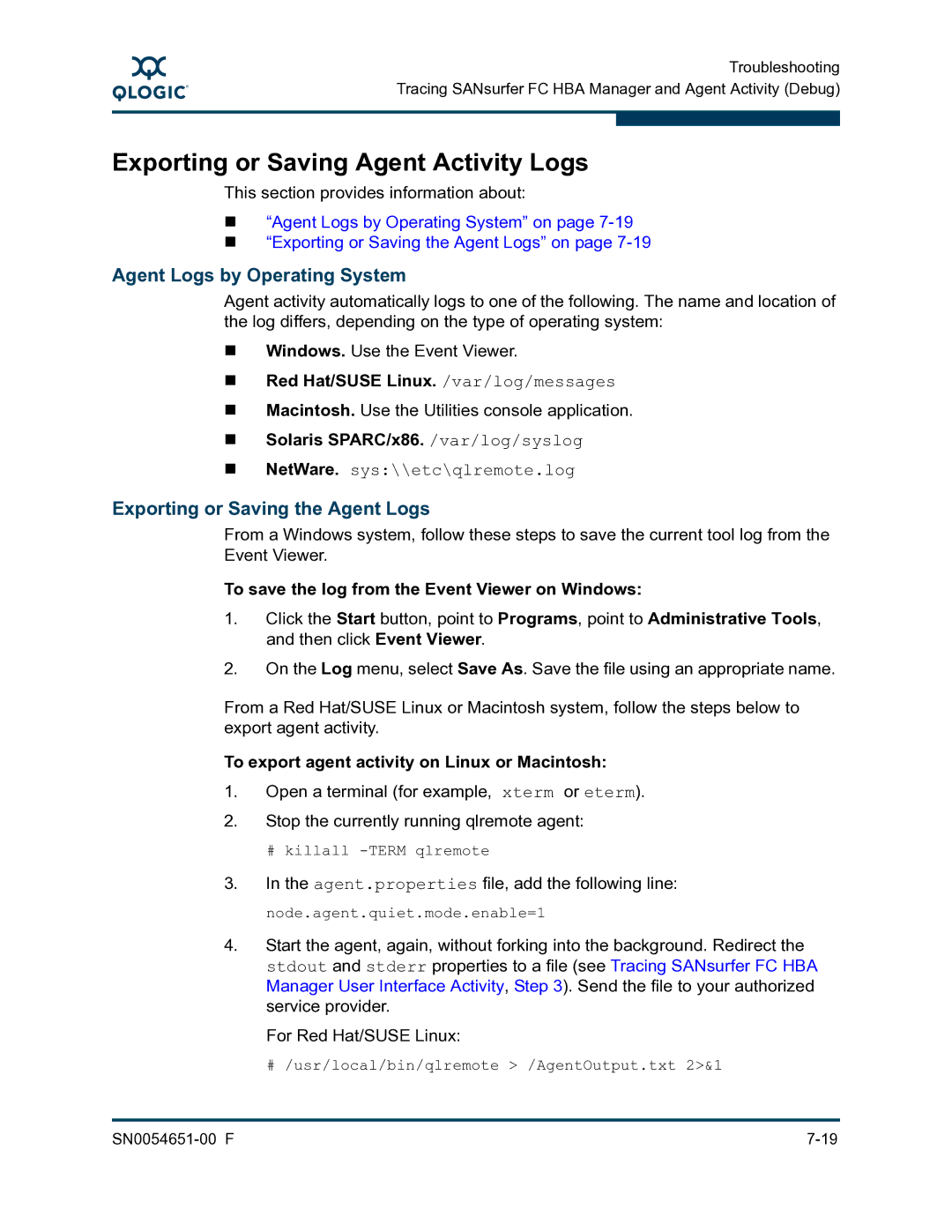 Q-Logic SN0054651-00 F manual Exporting or Saving Agent Activity Logs, Agent Logs by Operating System 