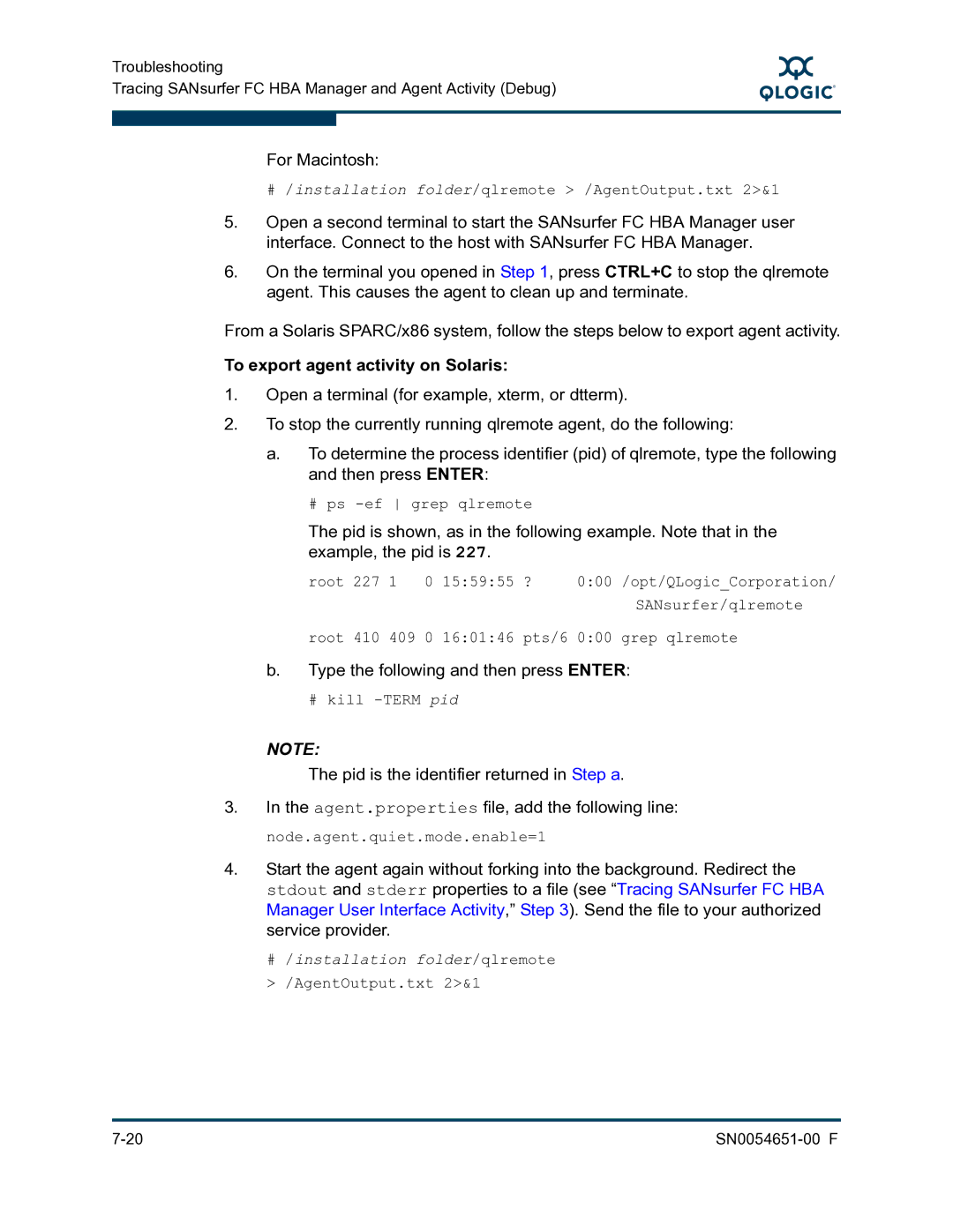Q-Logic SN0054651-00 F manual To export agent activity on Solaris 