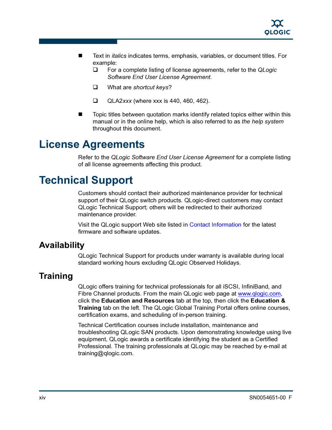 Q-Logic SN0054651-00 F manual License Agreements, Technical Support, Availability, Training 