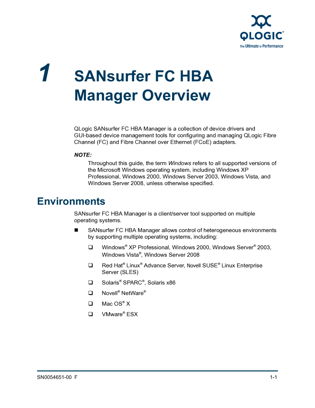 Q-Logic SN0054651-00 F manual SANsurfer FC HBA Manager Overview, Environments 