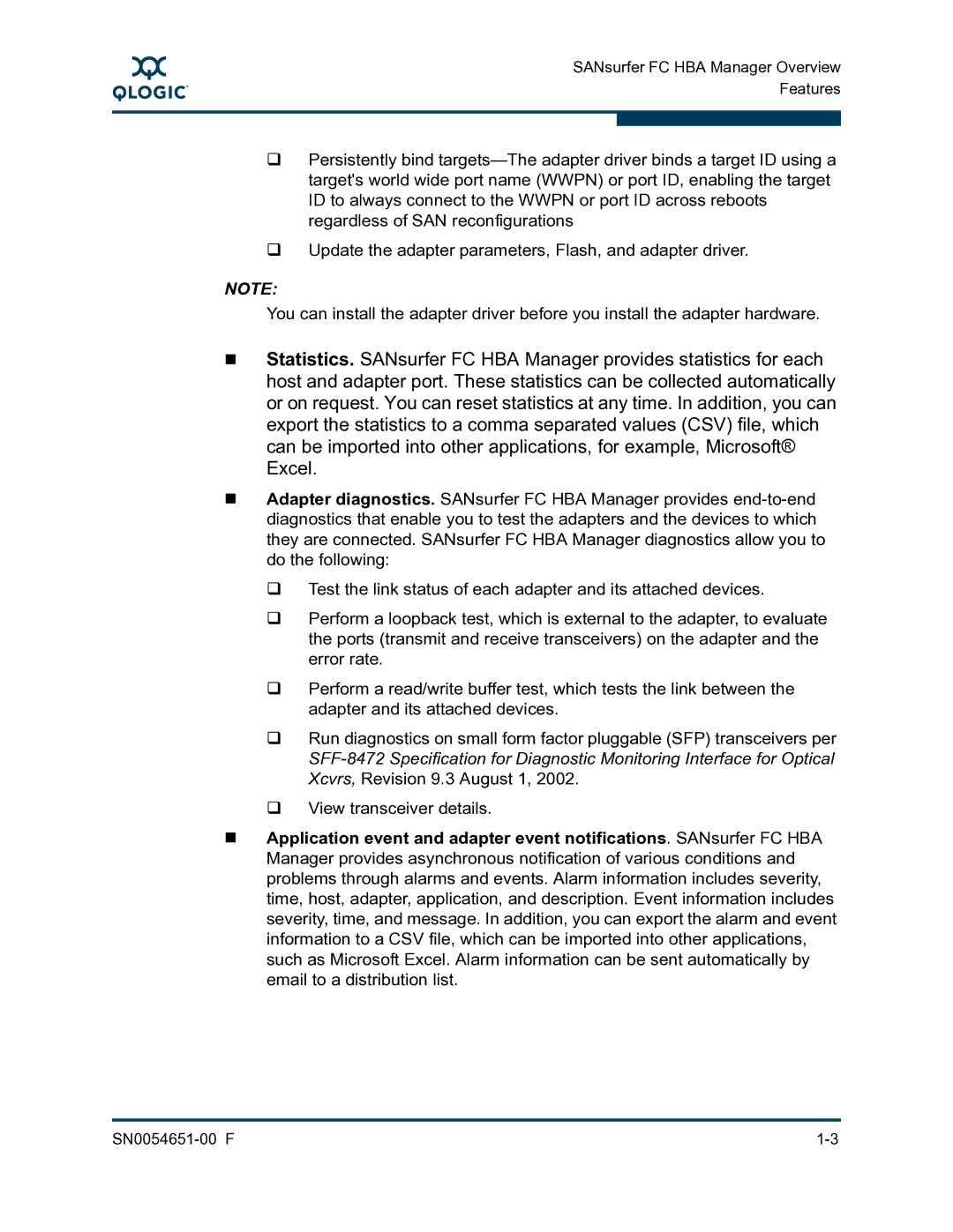 Q-Logic SN0054651-00 F manual SANsurfer FC HBA Manager Overview Features 