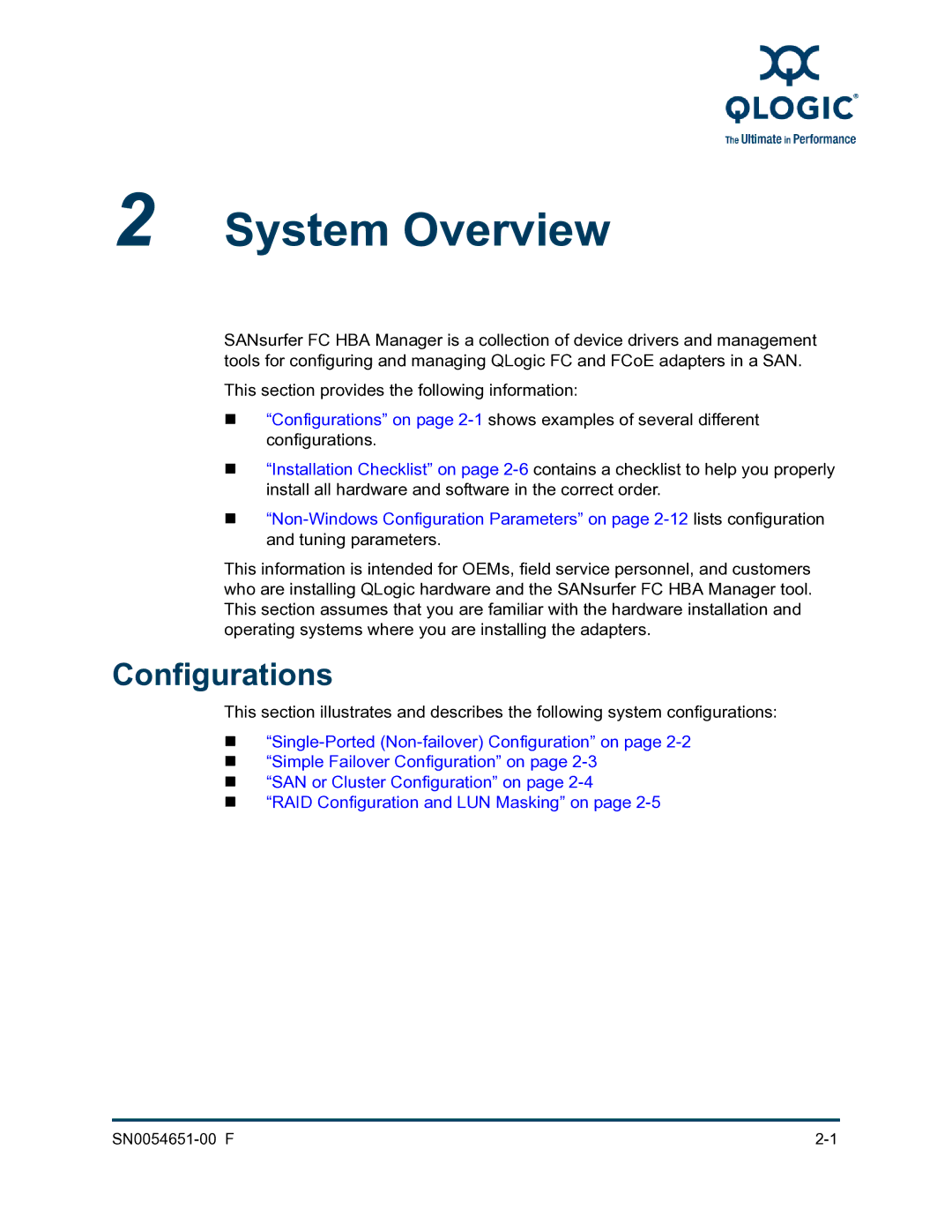 Q-Logic SN0054651-00 F manual System Overview, Configurations 