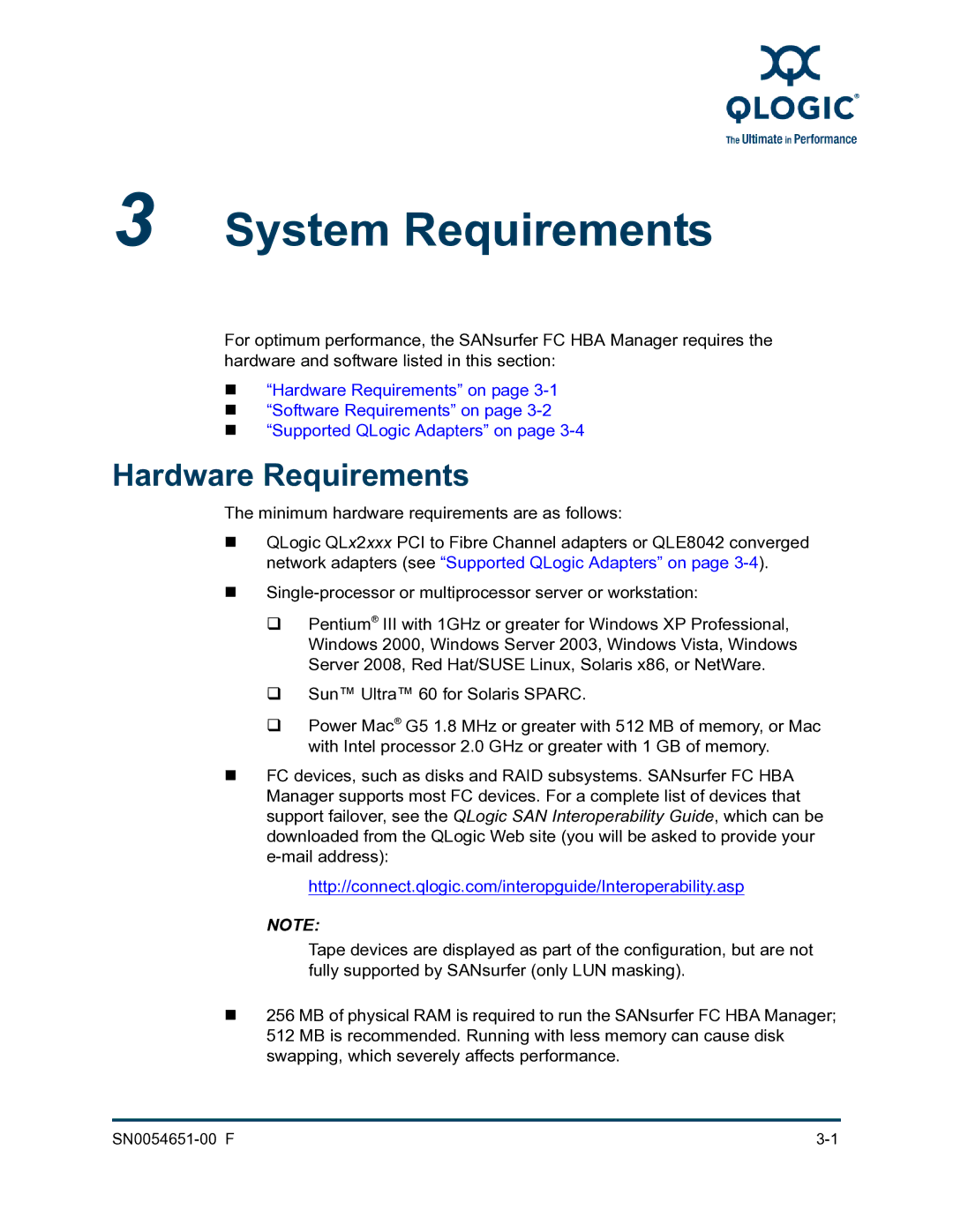 Q-Logic SN0054651-00 F manual System Requirements, Hardware Requirements 