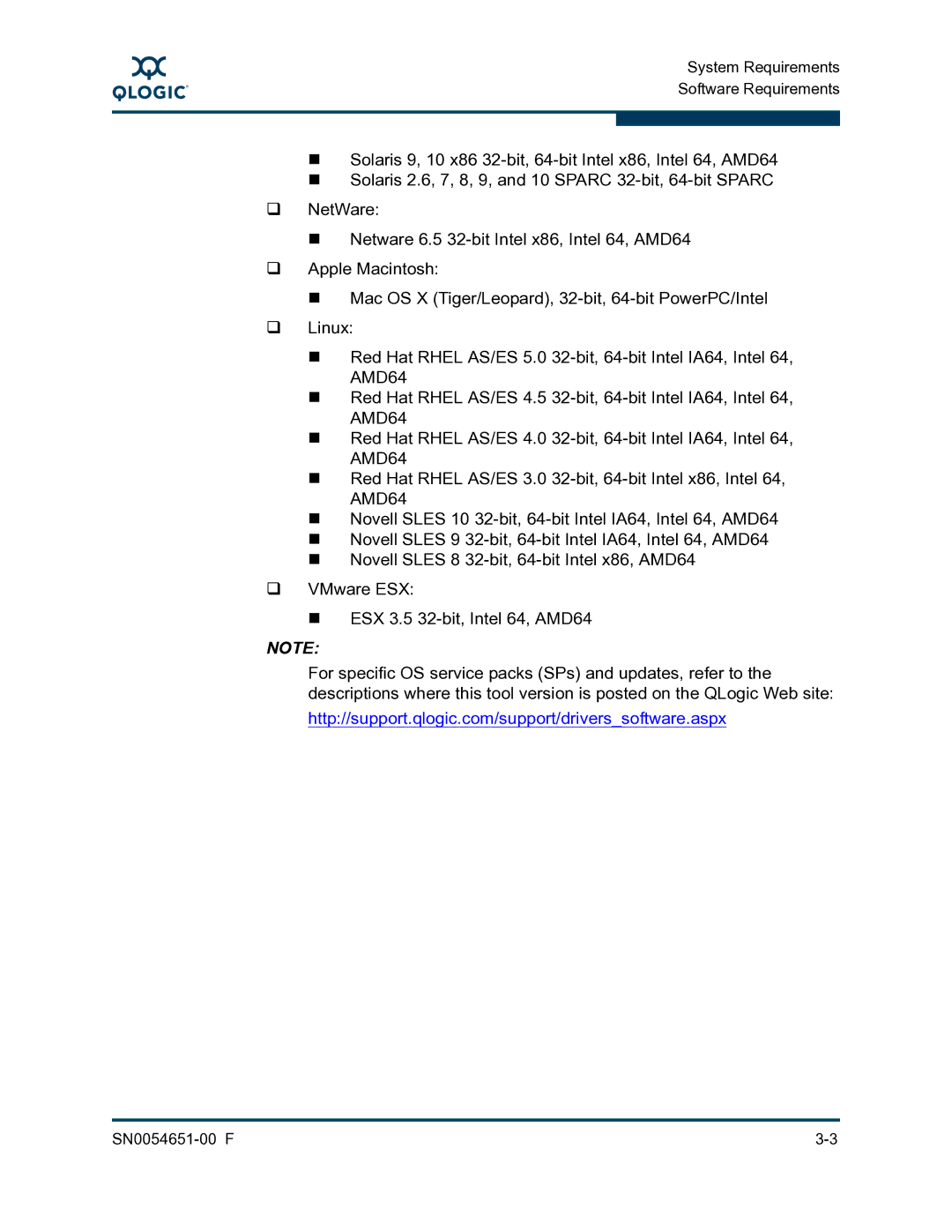 Q-Logic SN0054651-00 F manual System Requirements Software Requirements 