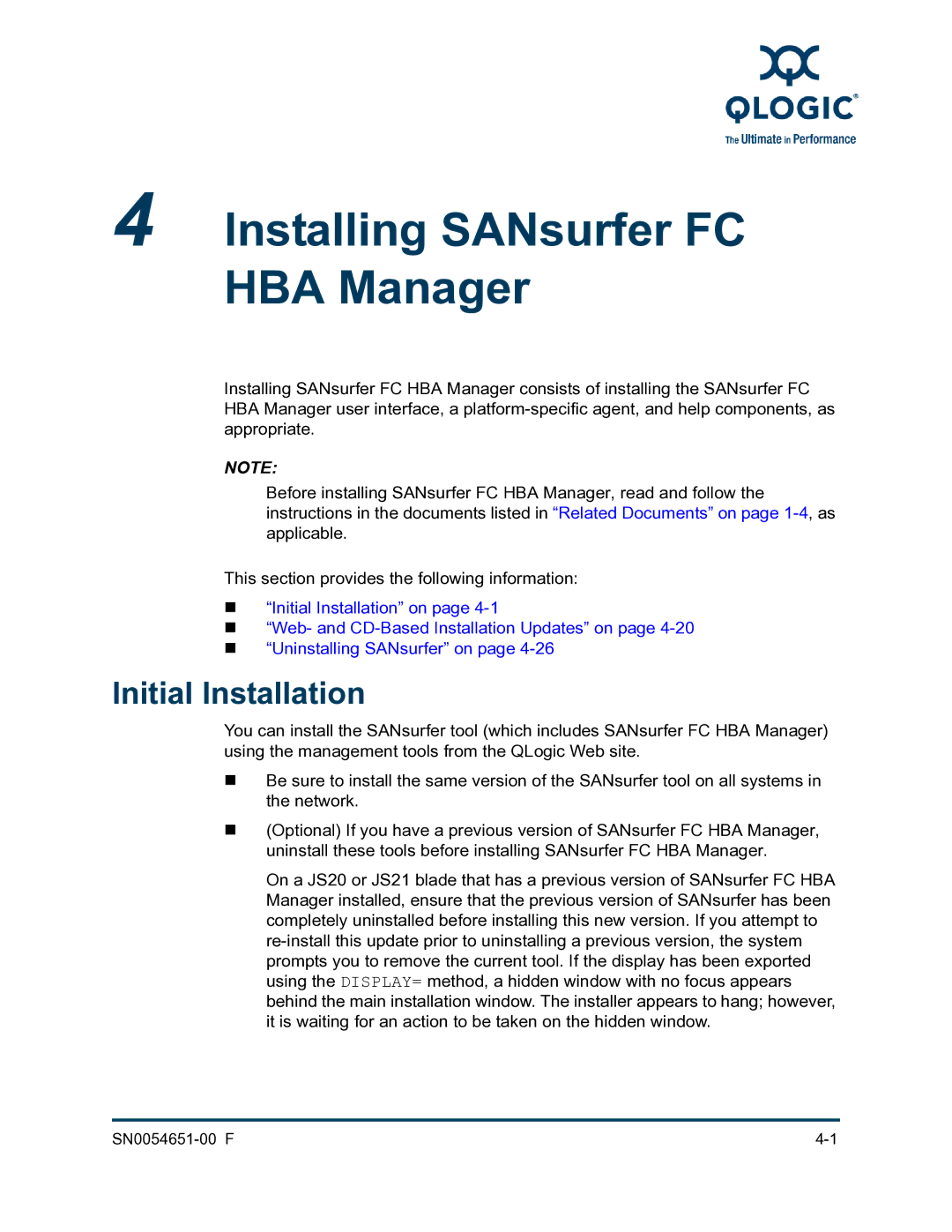 Q-Logic SN0054651-00 F manual Installing SANsurfer FC HBA Manager, Initial Installation 