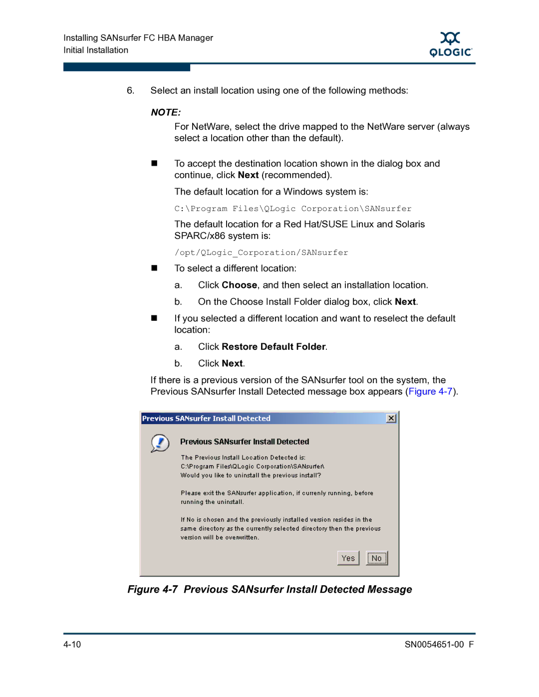 Q-Logic SN0054651-00 F manual Previous SANsurfer Install Detected Message, Click Restore Default Folder 