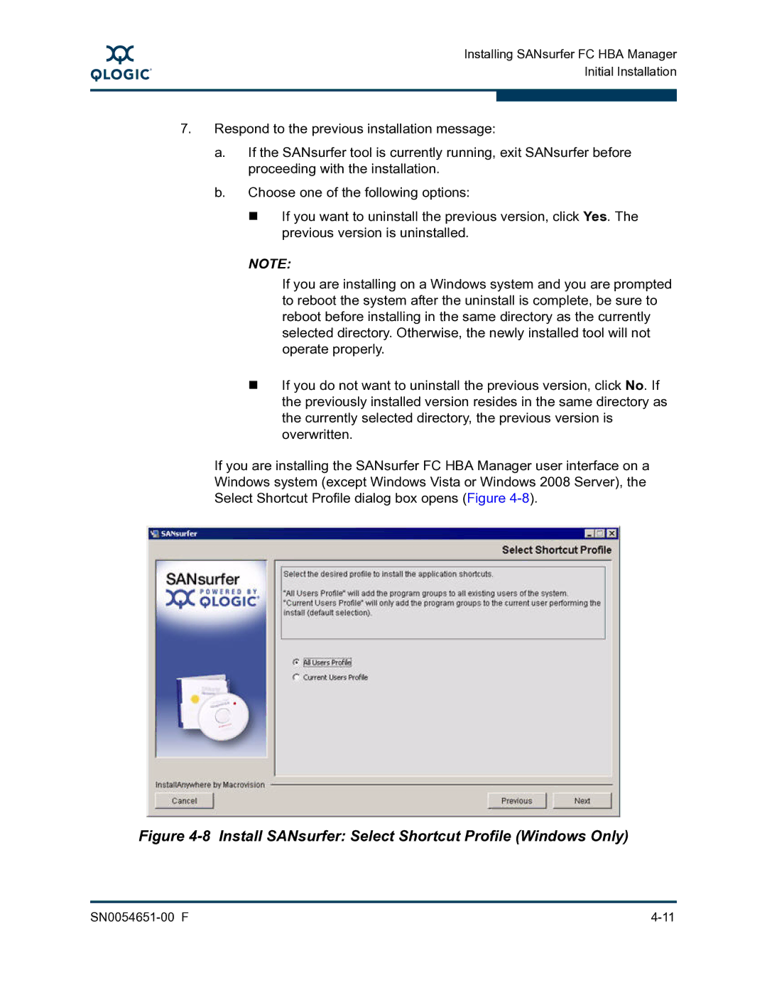 Q-Logic SN0054651-00 F manual Install SANsurfer Select Shortcut Profile Windows Only 