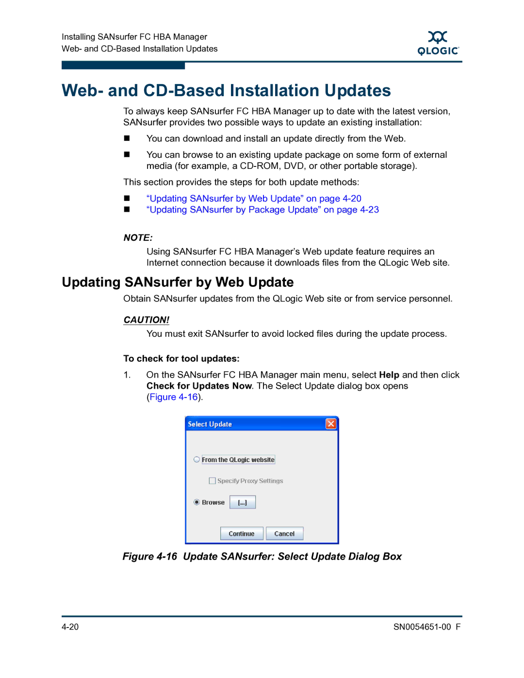 Q-Logic SN0054651-00 F Web- and CD-Based Installation Updates, Updating SANsurfer by Web Update, To check for tool updates 