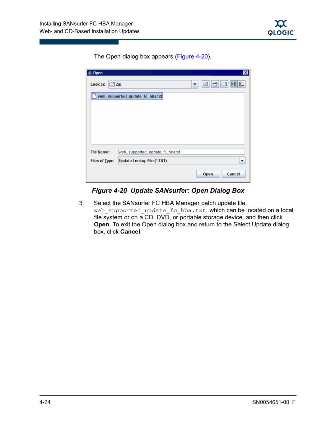 Q-Logic SN0054651-00 F manual Update SANsurfer Open Dialog Box 