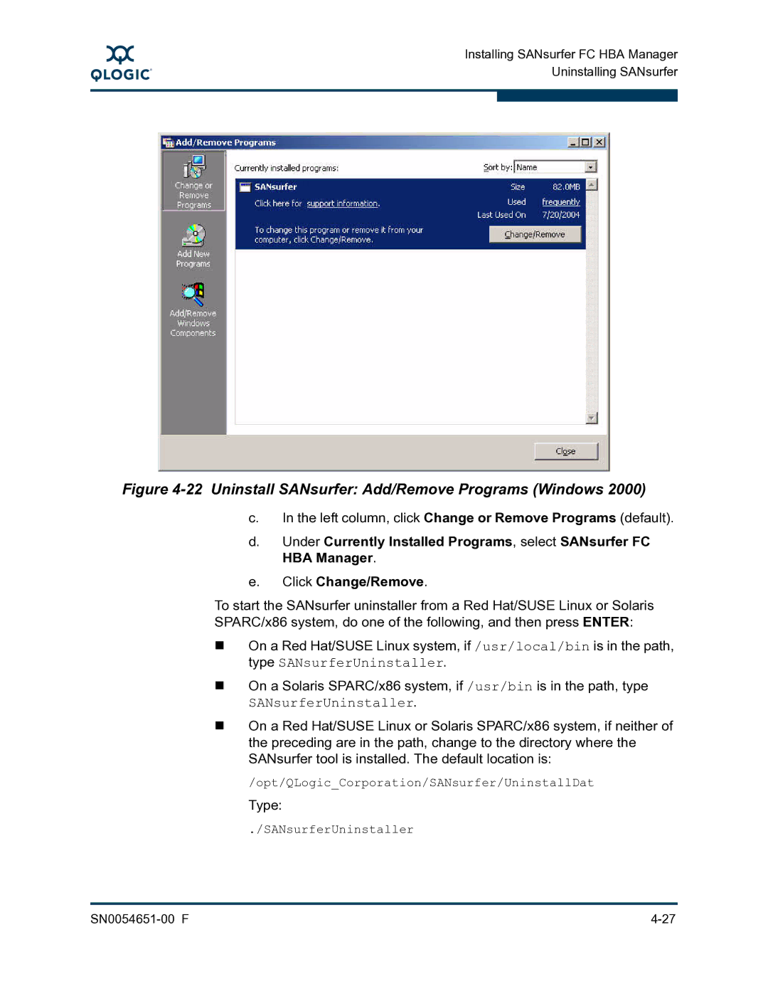 Q-Logic SN0054651-00 F manual Uninstall SANsurfer Add/Remove Programs Windows 