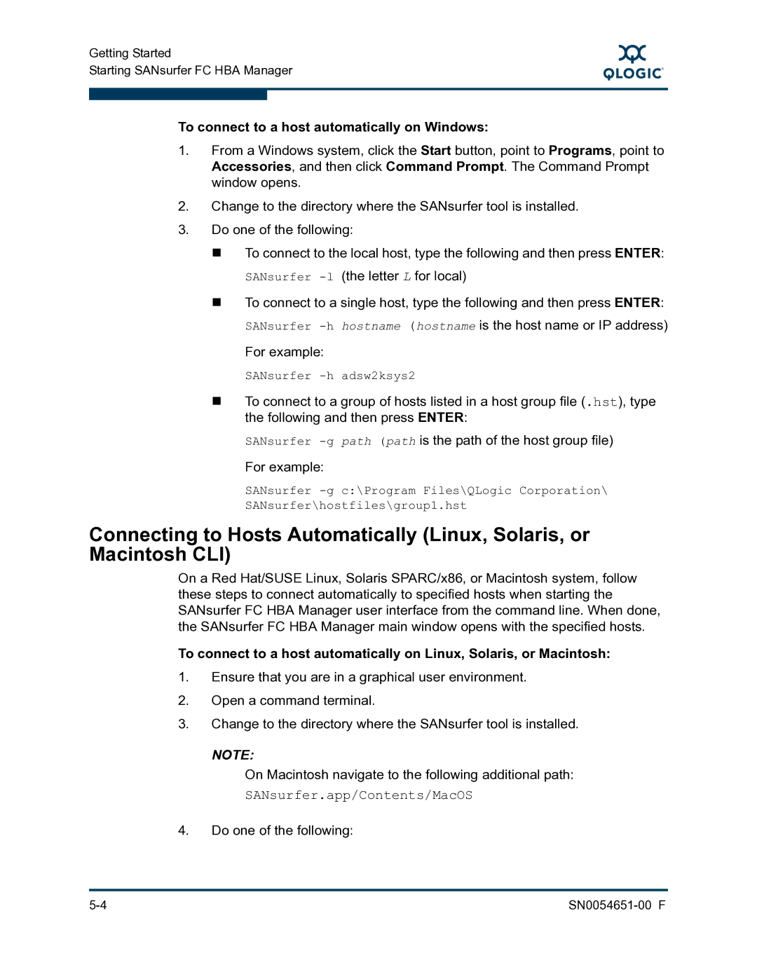 Q-Logic SN0054651-00 F manual To connect to a host automatically on Windows, SANsurfer.app/Contents/MacOS 