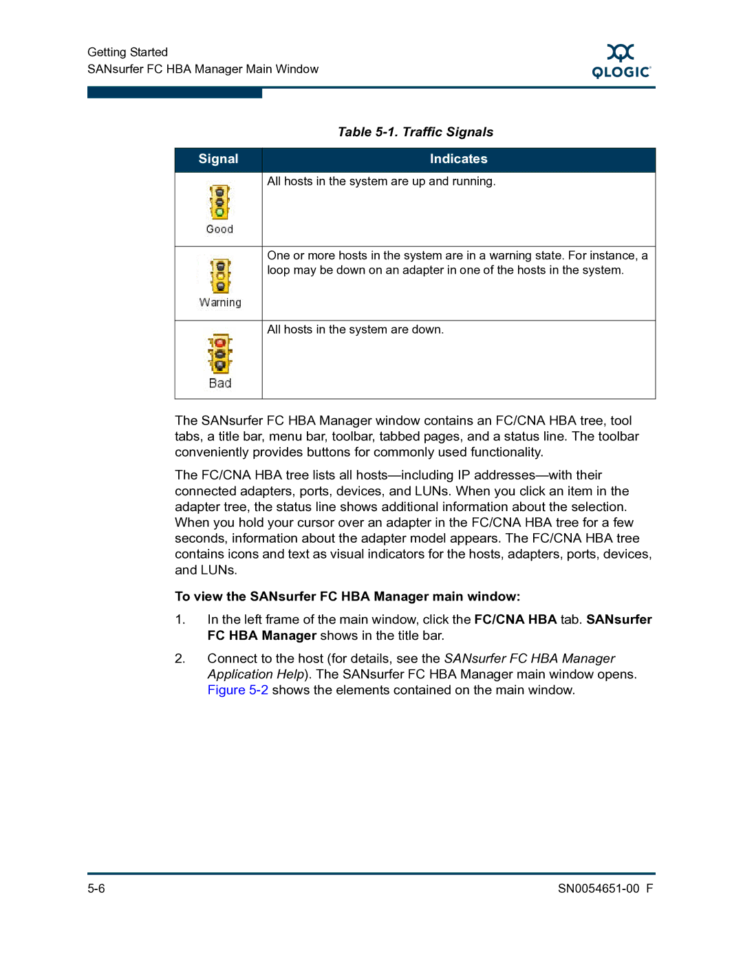 Q-Logic SN0054651-00 F manual Signal Indicates, To view the SANsurfer FC HBA Manager main window 