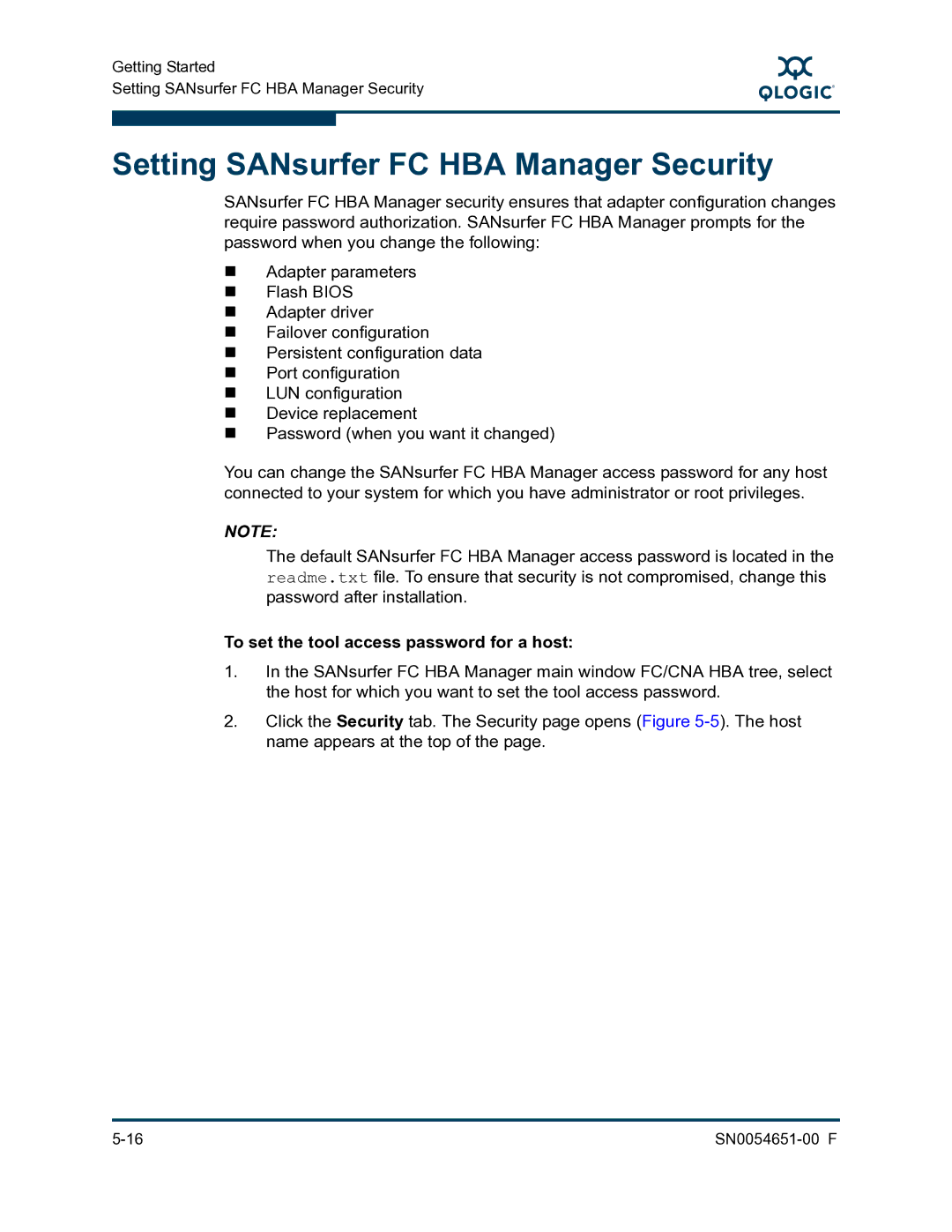 Q-Logic SN0054651-00 F manual Setting SANsurfer FC HBA Manager Security, To set the tool access password for a host 