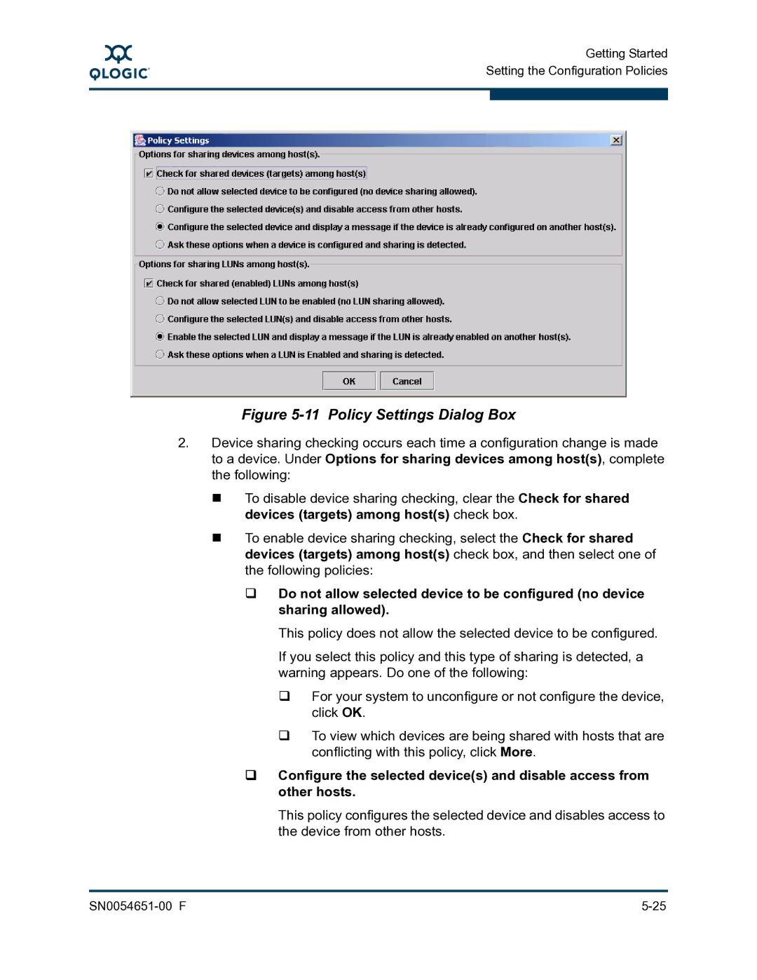 Q-Logic SN0054651-00 F manual Policy Settings Dialog Box 