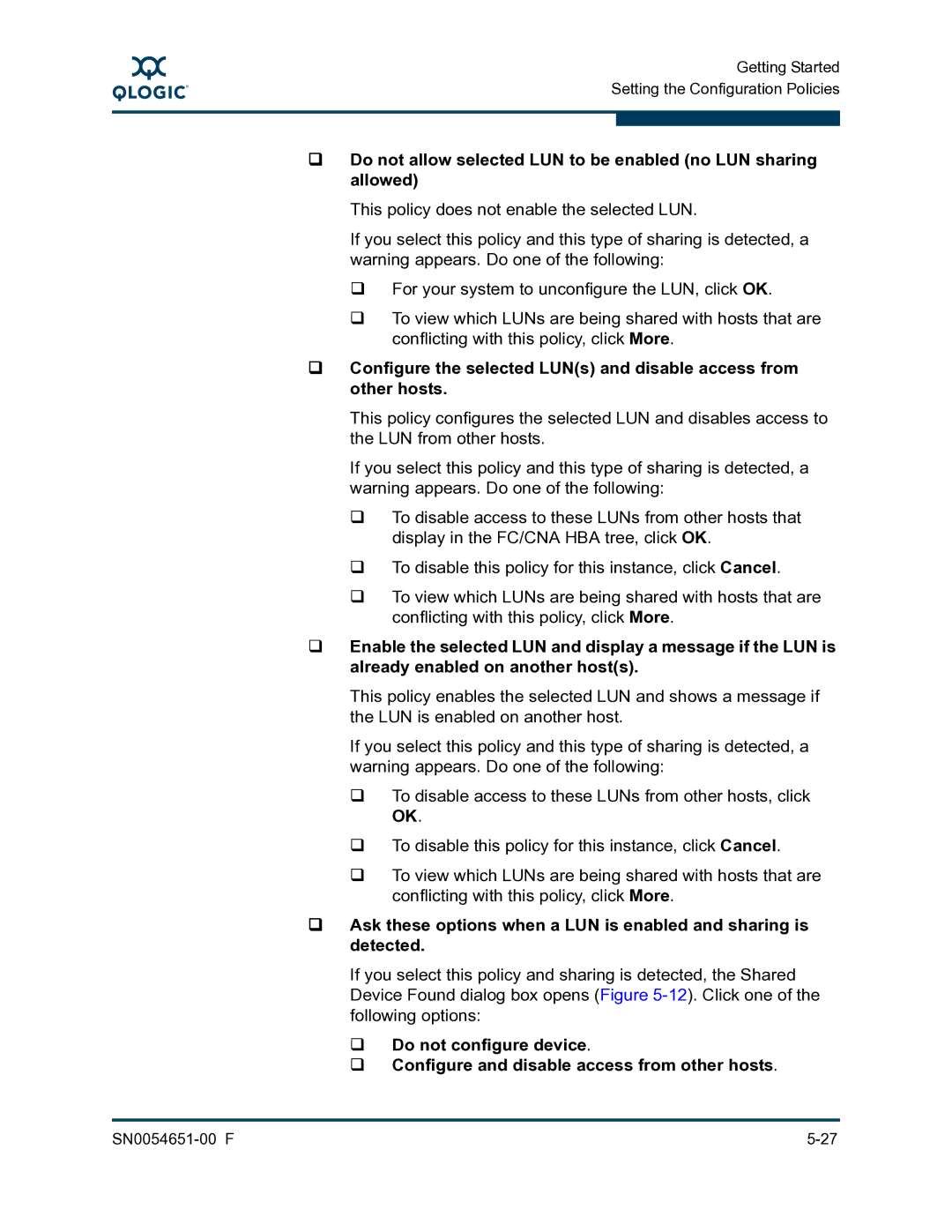 Q-Logic SN0054651-00 F manual Getting Started Setting the Configuration Policies 