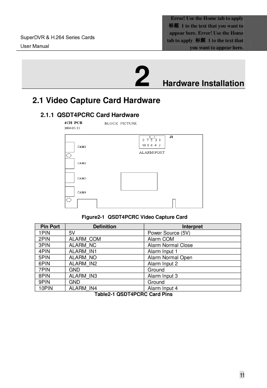 Q-See Computer Hardware manual Hardware Installation, Video Capture Card Hardware, QSDT4PCRC Card Hardware 