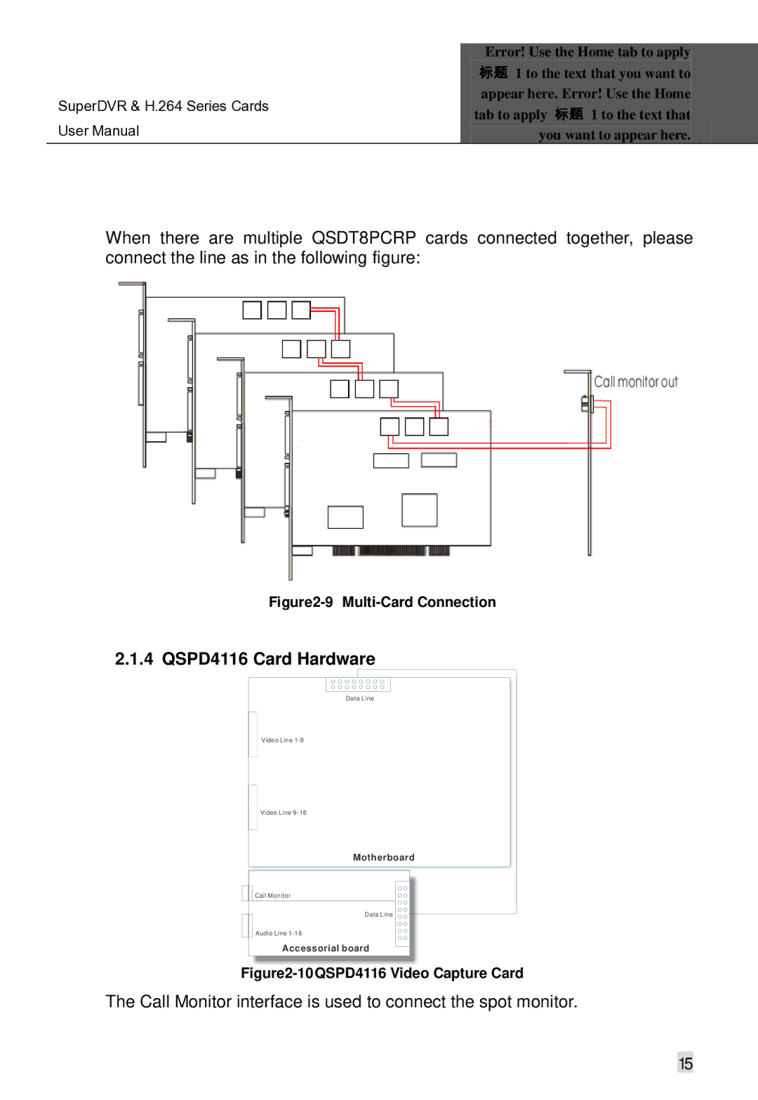 Q-See Computer Hardware manual QSPD4116 Card Hardware, Call Monitor interface is used to connect the spot monitor 