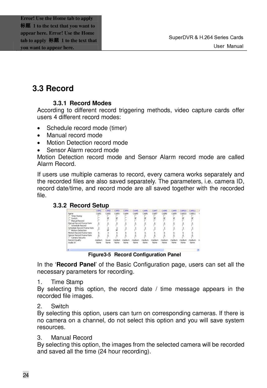 Q-See Computer Hardware manual Record Modes, Record Setup 