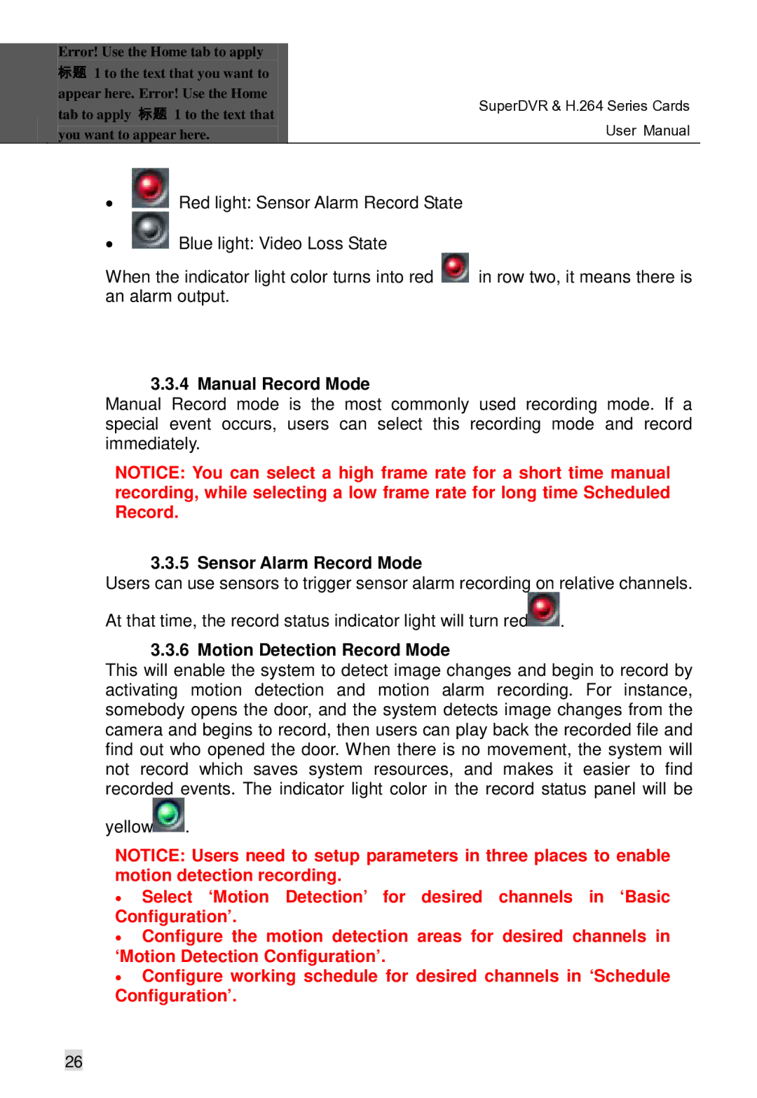 Q-See Computer Hardware manual Manual Record Mode, Sensor Alarm Record Mode, Motion Detection Record Mode 