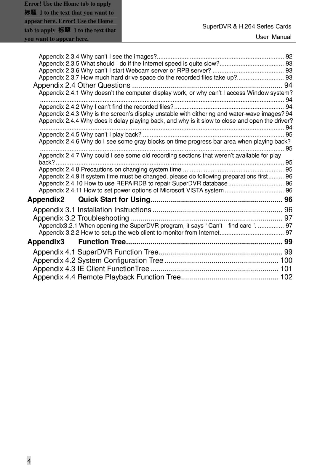 Q-See Computer Hardware manual Appendix 2.4 Other Questions, Appendix2 Quick Start for Using, Appendix3 Function Tree 