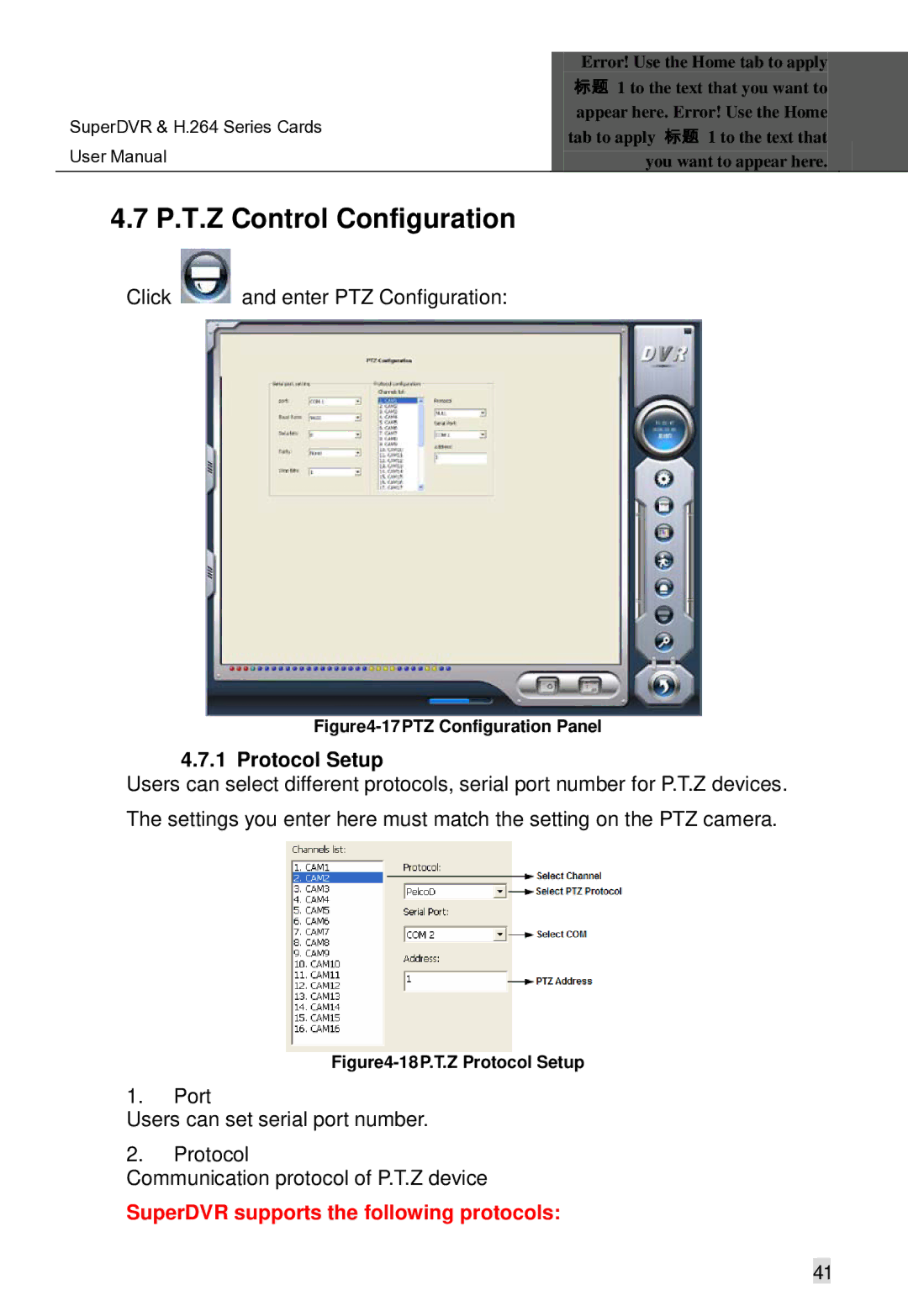 Q-See Computer Hardware manual P.T.Z Control Configuration, Click and enter PTZ Configuration, Protocol Setup 