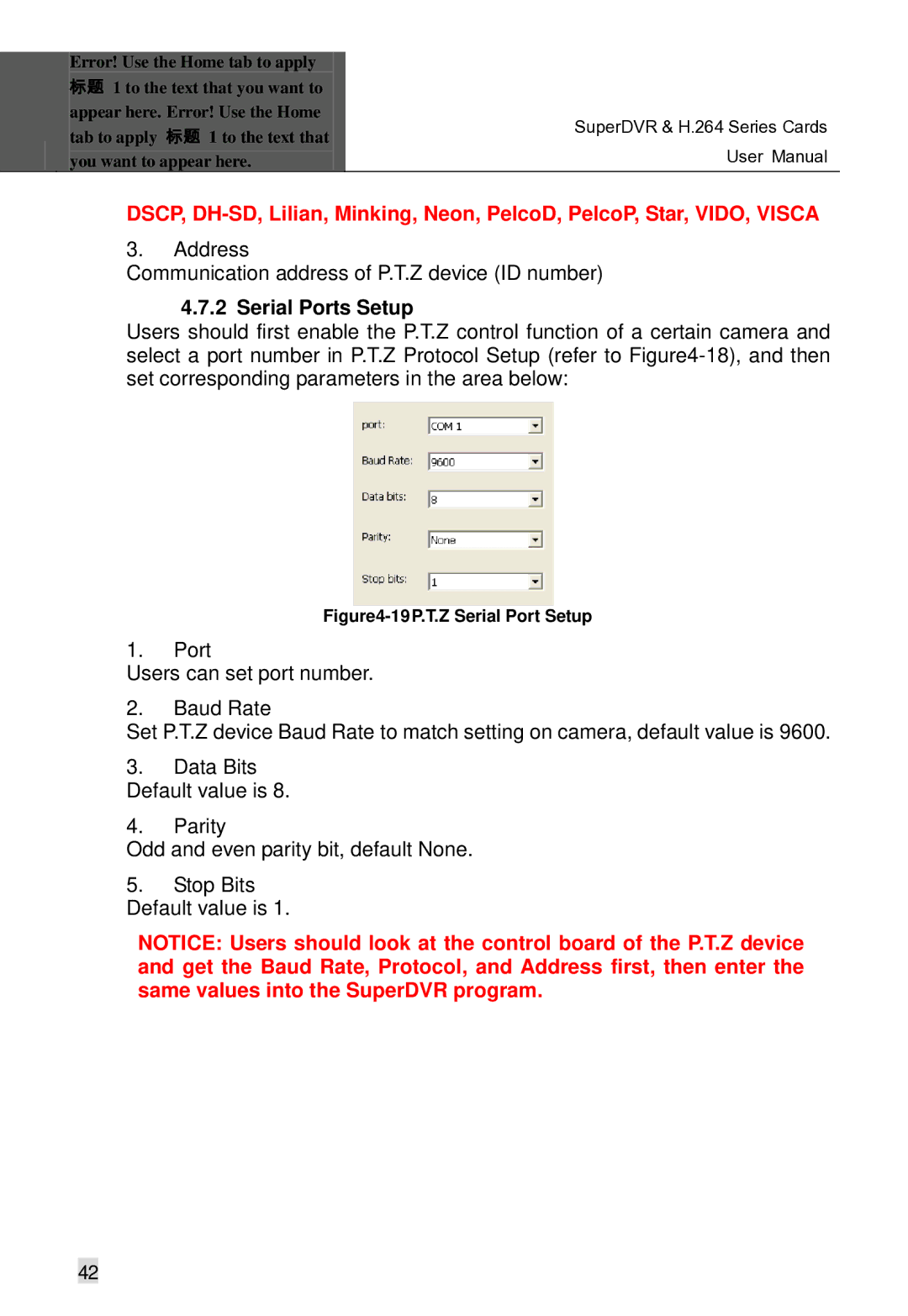 Q-See Computer Hardware manual Address Communication address of P.T.Z device ID number, Serial Ports Setup 