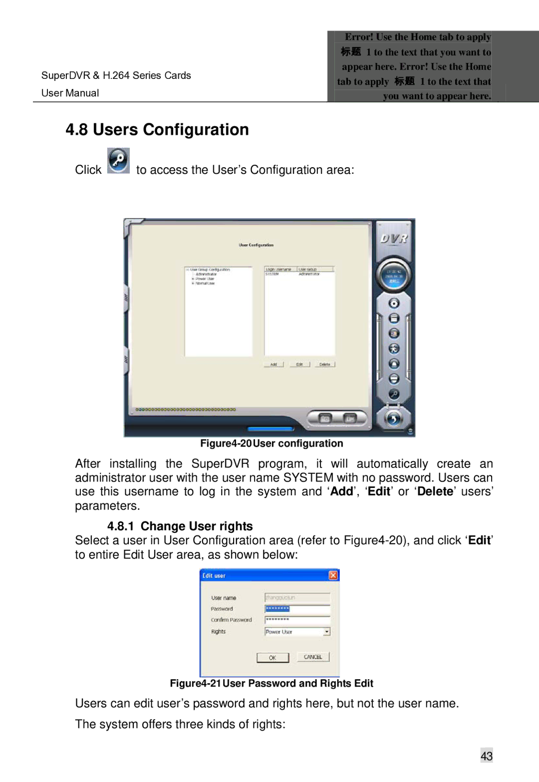 Q-See Computer Hardware manual Users Configuration, Click to access the User’s Configuration area, Change User rights 