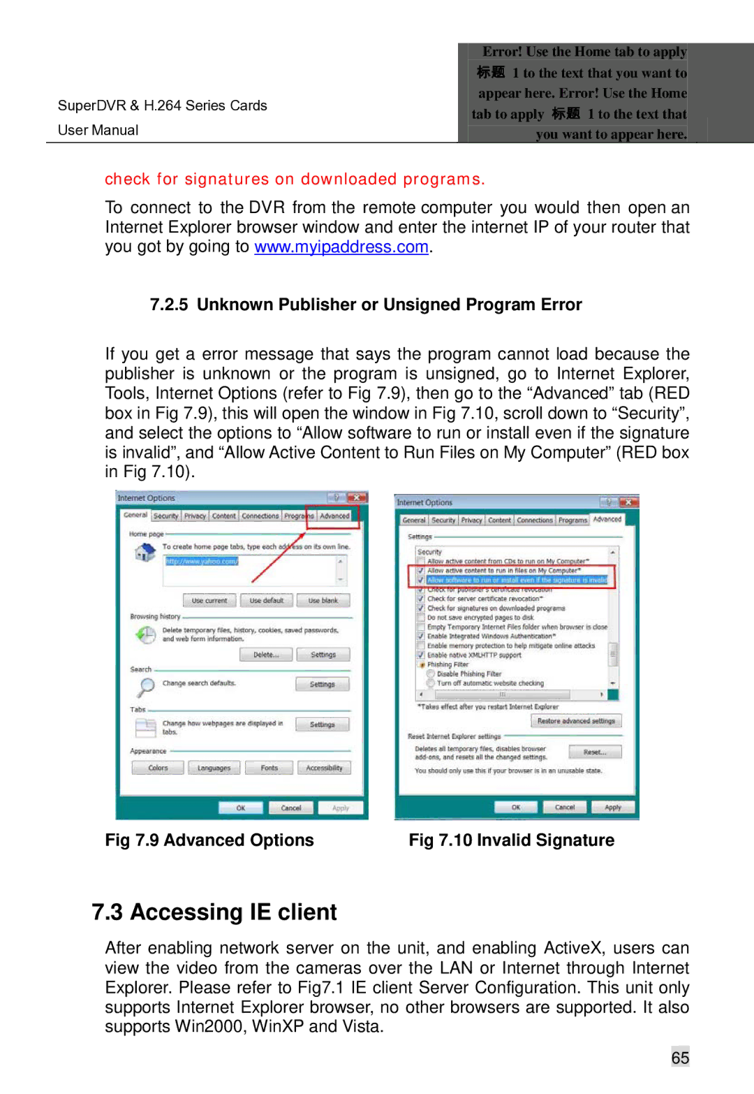 Q-See Computer Hardware manual Accessing IE client, Unknown Publisher or Unsigned Program Error 