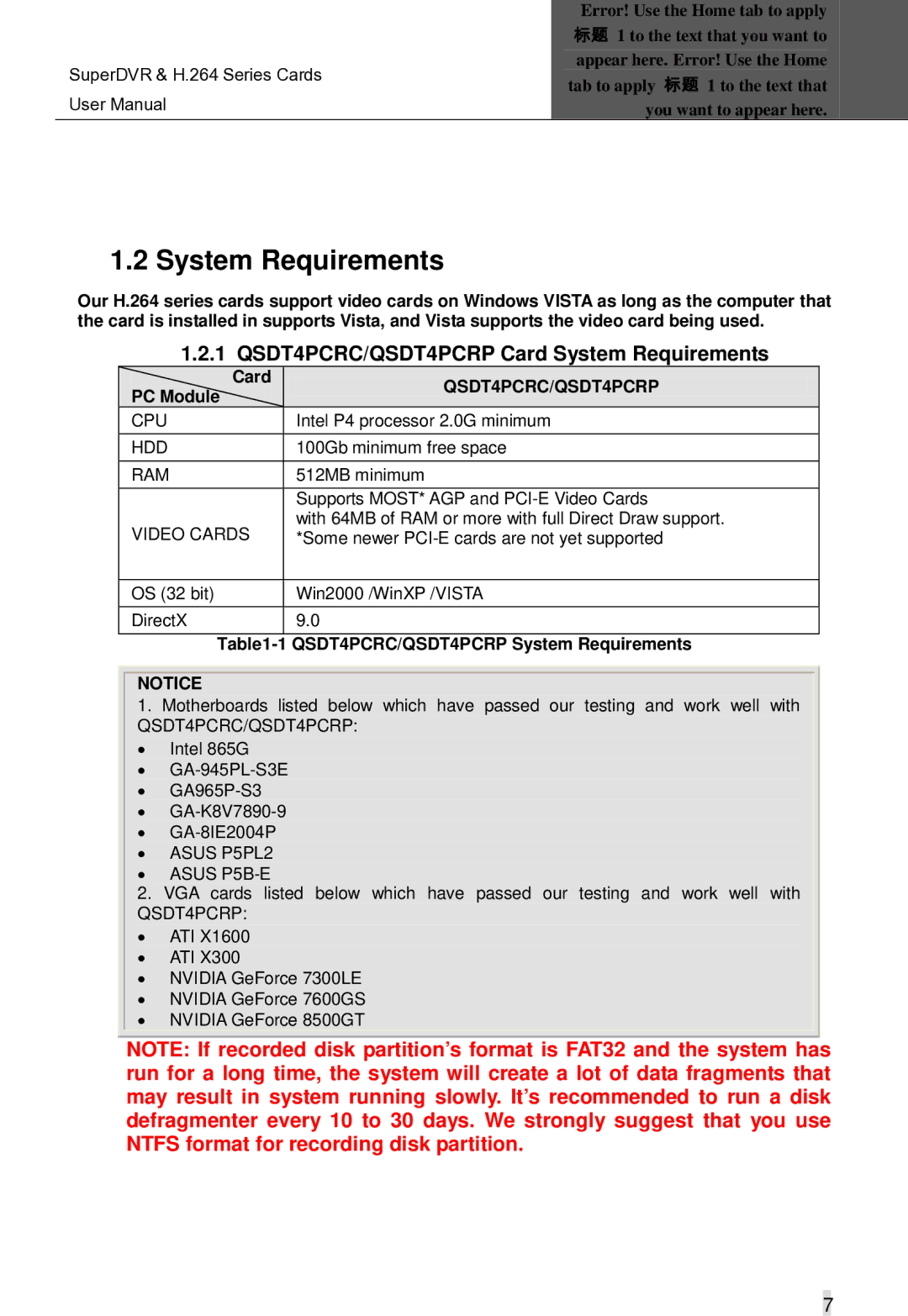 Q-See Computer Hardware manual QSDT4PCRC/QSDT4PCRP Card System Requirements 