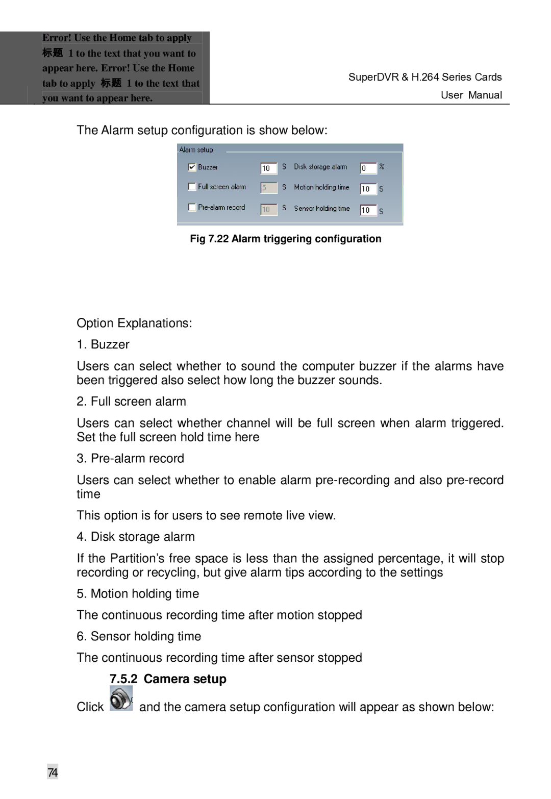 Q-See Computer Hardware manual Alarm setup configuration is show below, Camera setup 