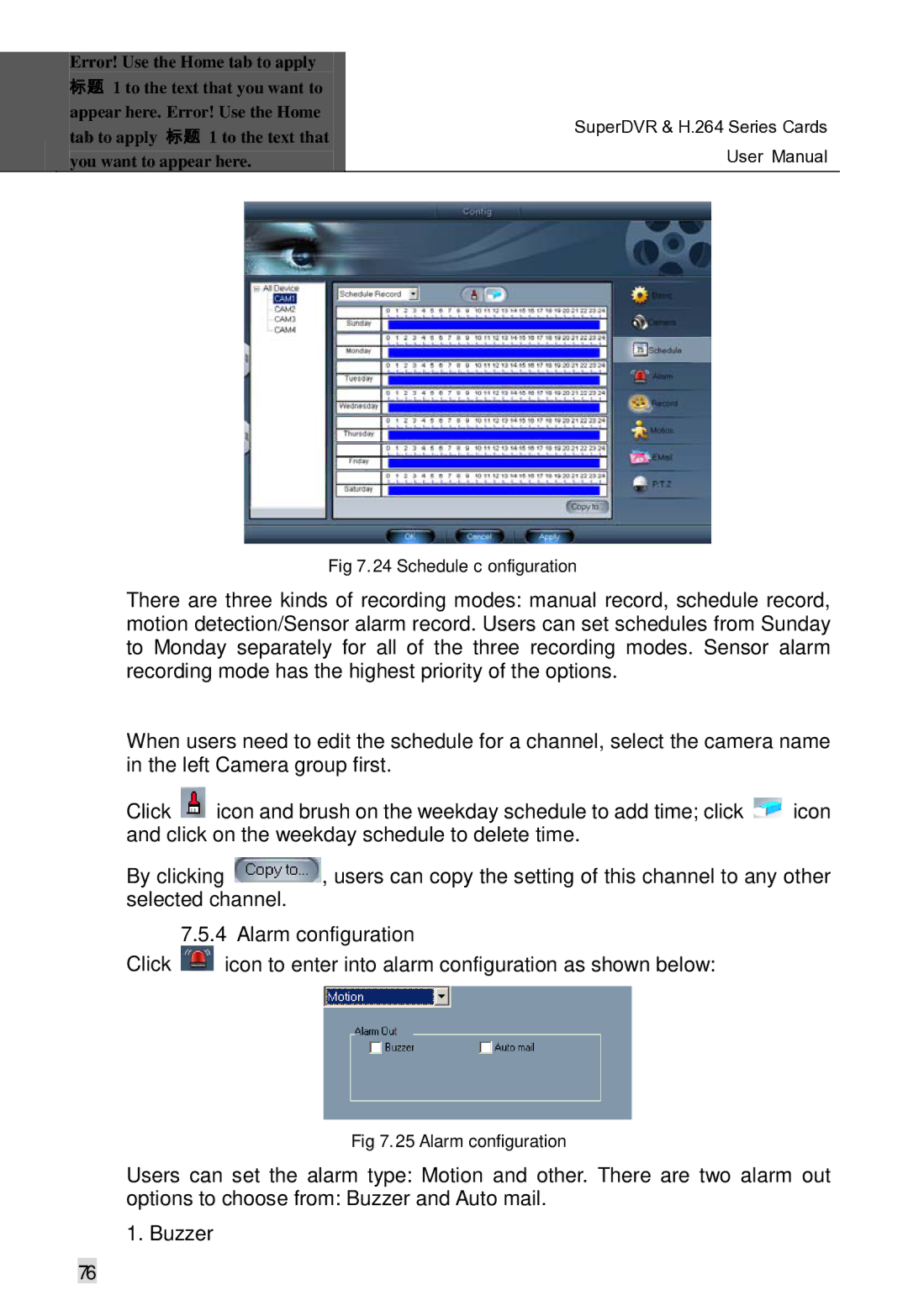 Q-See Computer Hardware manual Alarm configuration, Click icon to enter into alarm configuration as shown below 