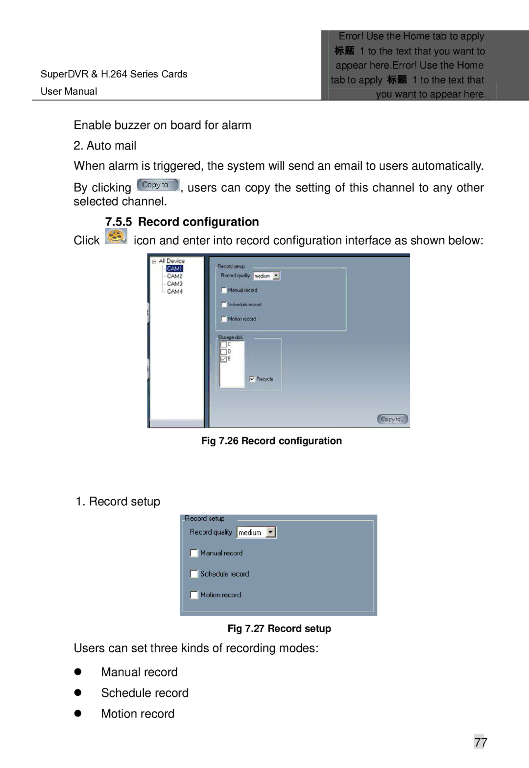 Q-See Computer Hardware manual Record configuration, Record setup 