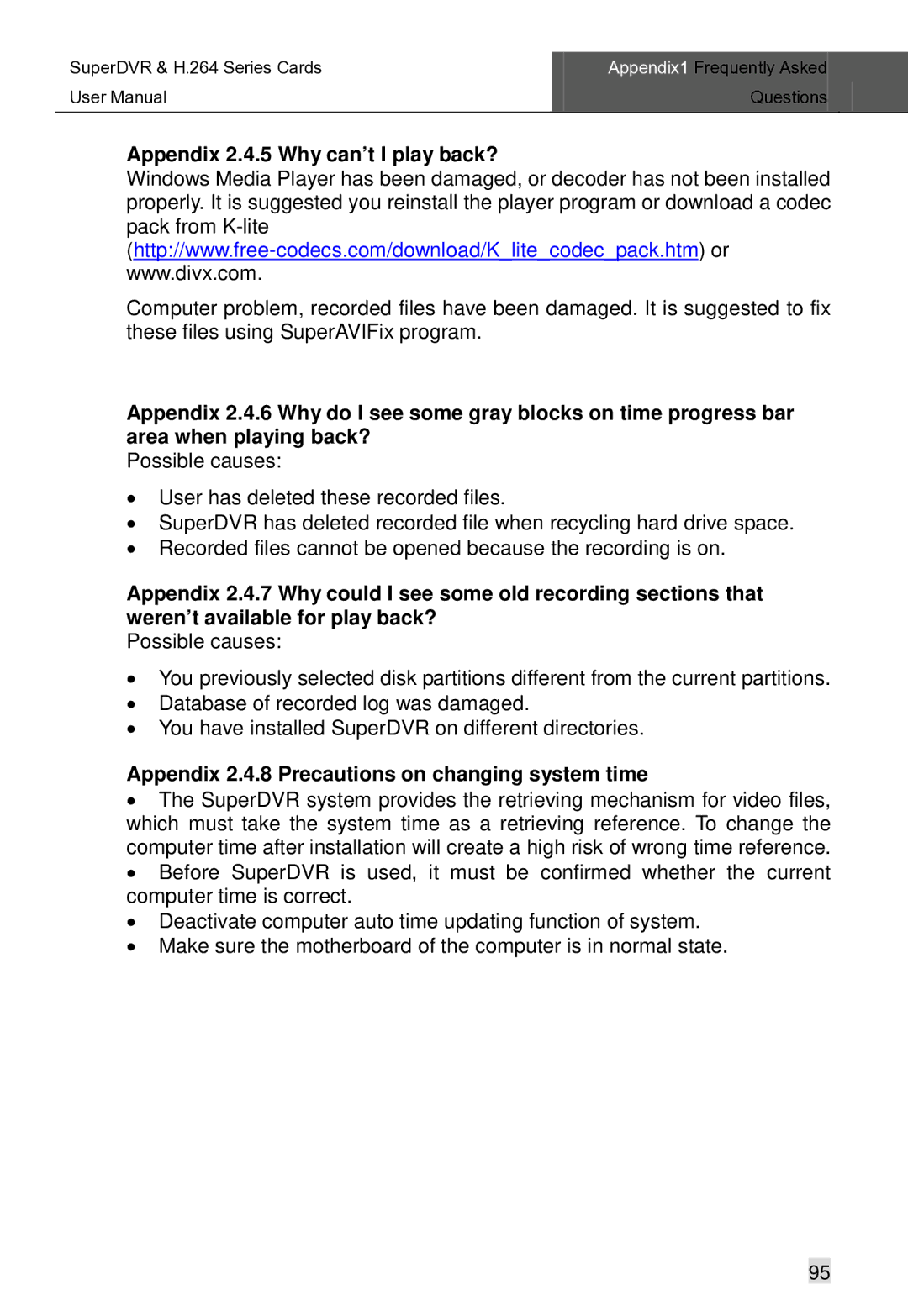 Q-See Computer Hardware manual Appendix 2.4.5 Why can’t I play back?, Appendix 2.4.8 Precautions on changing system time 