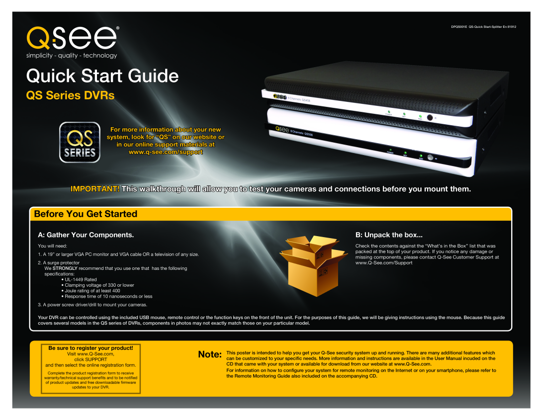 Q-See DPQS001E quick start Before You Get Started, You will need, A surge protector, Quick Start Guide, QS Series DVRs 