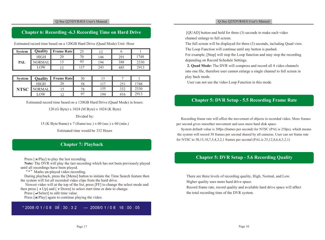 Q-See Recording -6.3 Recording Time on Hard Drive, Playback, DVR Setup 5.5 Recording Frame Rate, Quality Frame Rate 