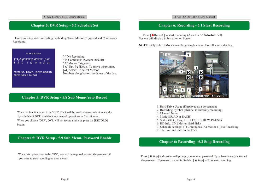 Q-See DVR Setup 5.7 Schedule Set, DVR Setup 5.8 Sub Menu-Auto Record, DVR Setup 5.9 Sub Menu- Password Enable 