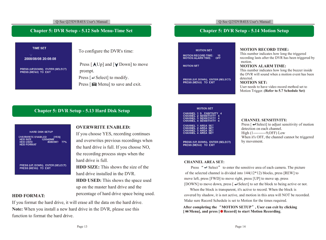 Q-See user manual DVR Setup 5.12 Sub Menu-Time Set, DVR Setup 5.13 Hard Disk Setup DVR Setup 5.14 Motion Setup 