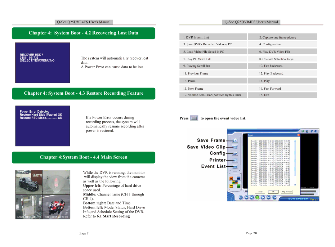 Q-See DVR System Boot 4.2 Recovering Lost Data, System Boot 4.3 Restore Recording Feature, System Boot 4.4 Main Screen 