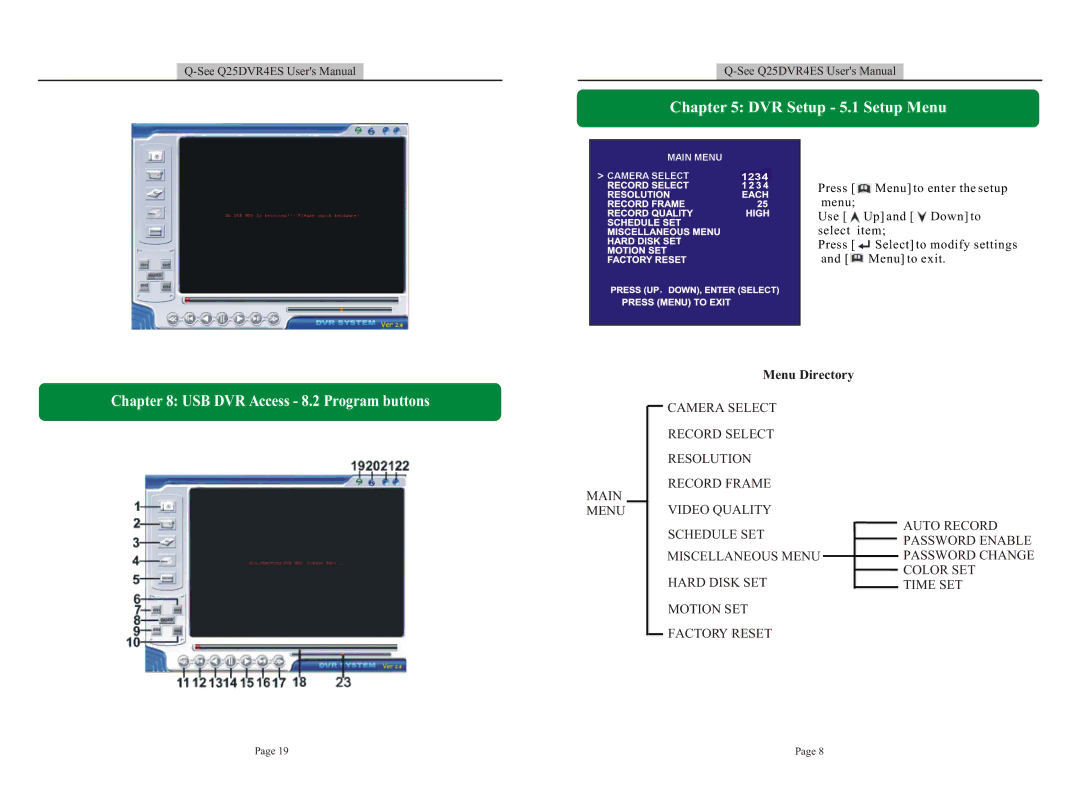 Q-See user manual DVR Setup 5.1 Setup Menu USB DVR Access 8.2 Program buttons, Menu Directory 