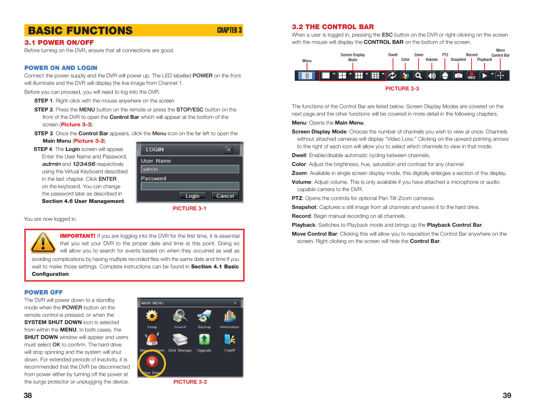 Q-See H264 user manual Basic Functions, Power ON/OFF, Control BAR, Power on and Login, Power OFF 