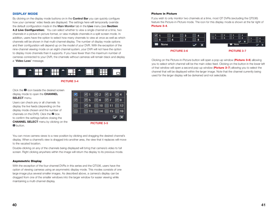 Q-See H264 user manual Display Mode, Asymmetric Display, Picture in Picture 