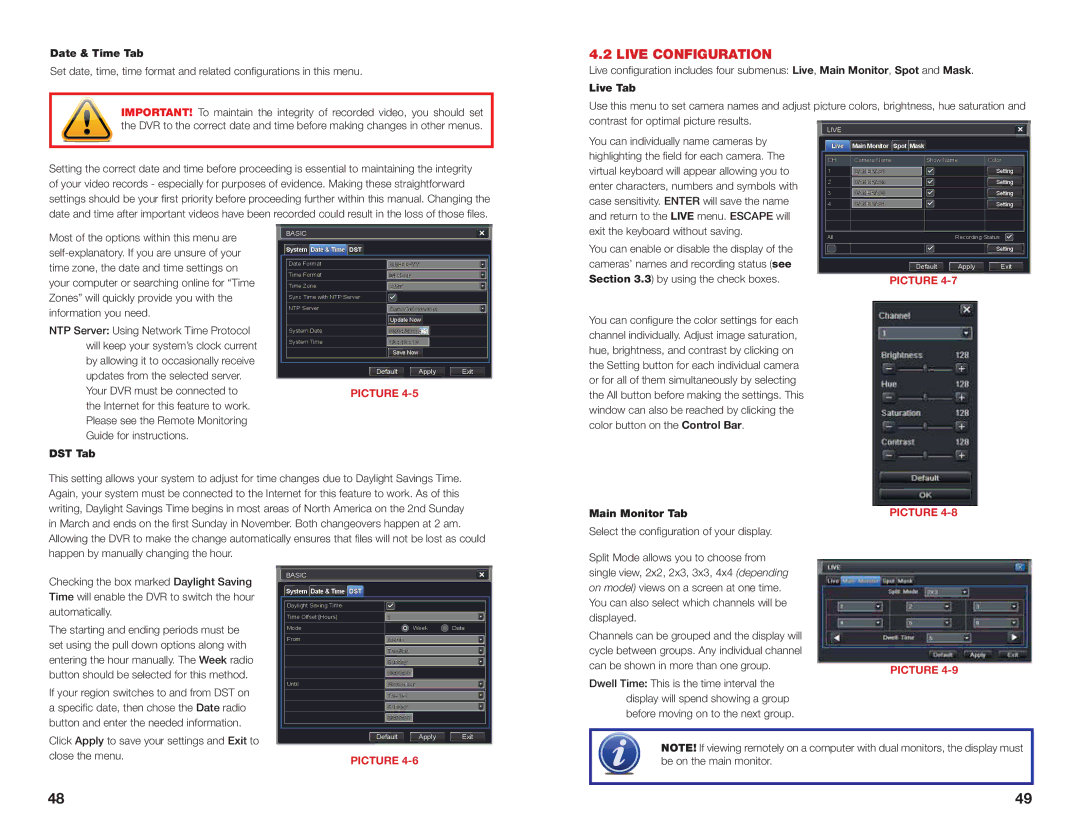 Q-See H264 user manual Live Configuration, Date & Time Tab, Live Tab, DST Tab 