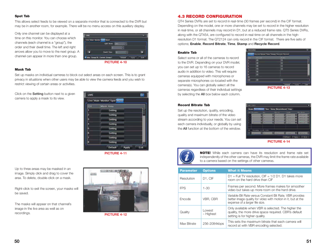 Q-See H264 user manual Record Configuration, Parameter Options What it Means 