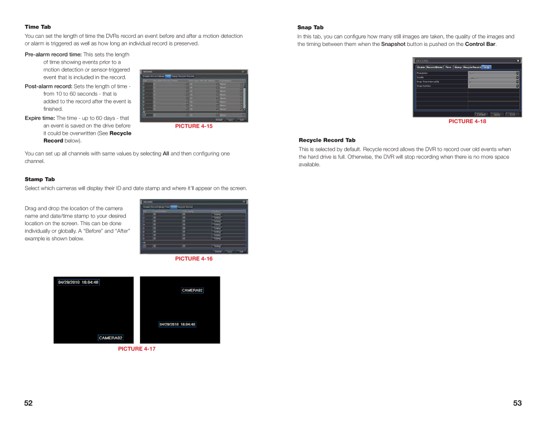 Q-See H264 user manual Time Tab, Record below, Stamp Tab, Snap Tab, Recycle Record Tab 