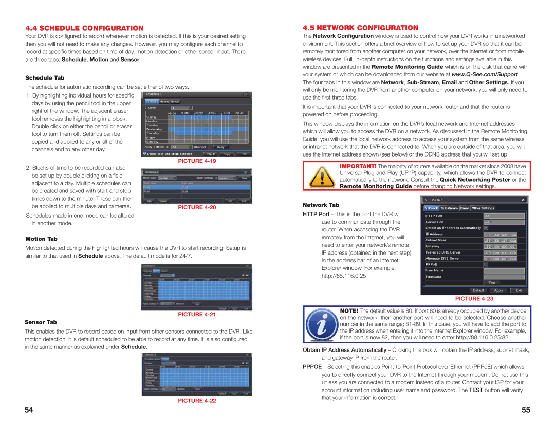 Q-See H264 user manual Schedule Configuration, Network Configuration 