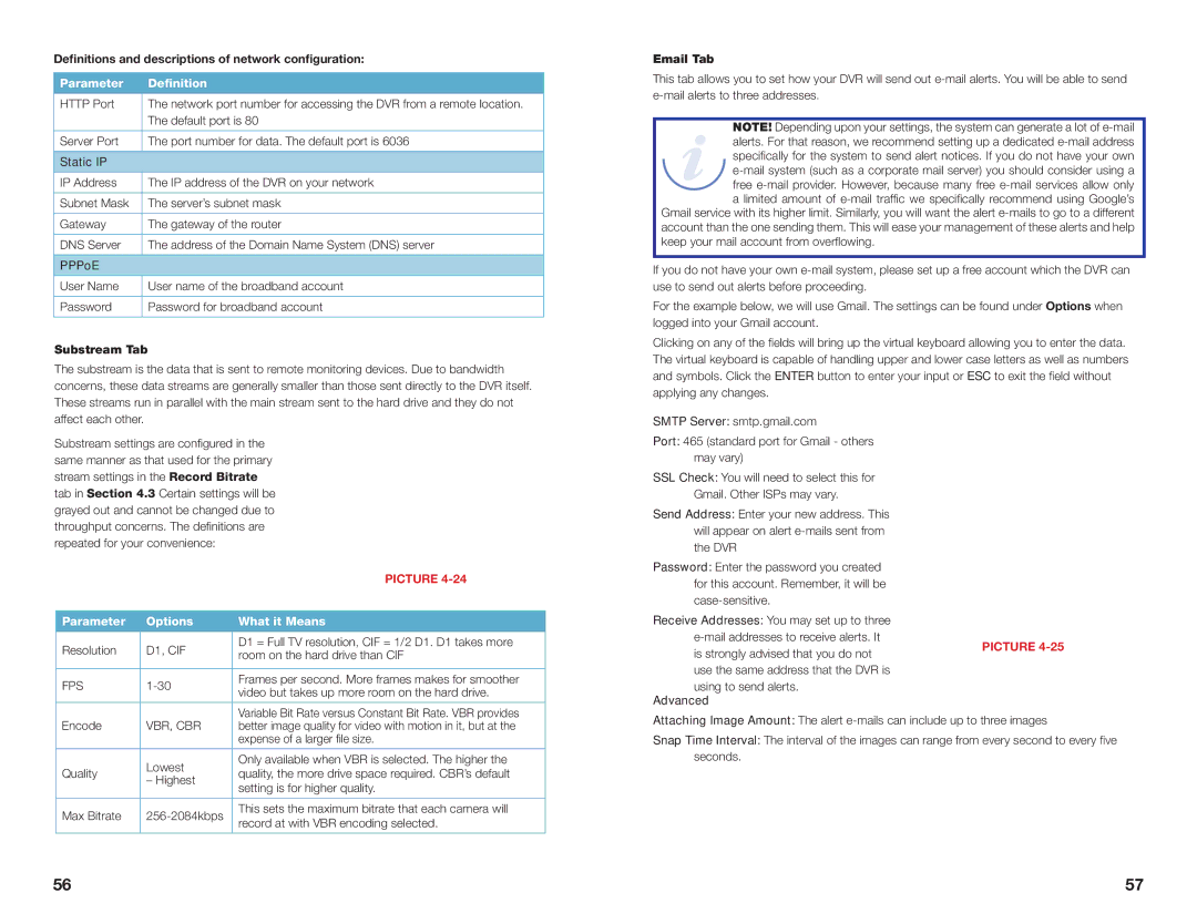 Q-See H264 Definitions and descriptions of network configuration, Parameter Definition, Substream Tab, Email Tab 